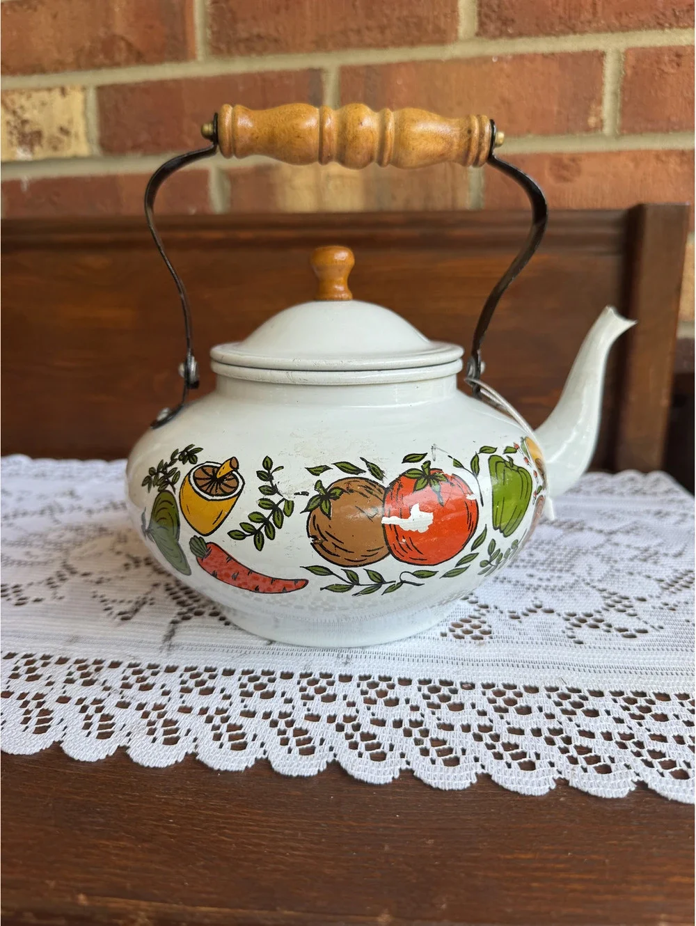Vintage Enamel Teapot with Wooden Handle and Veggie and Mushroom Design